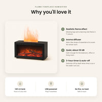 Flame humidifier features: realistic flame, aroma diffuser, quiet, timer and auto-off