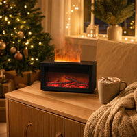 Flame fireplace humidifier on a sideboard in a cozy Christmas living room