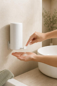 Dosificador de jabón en polvo homegadgets en uso en el baño
