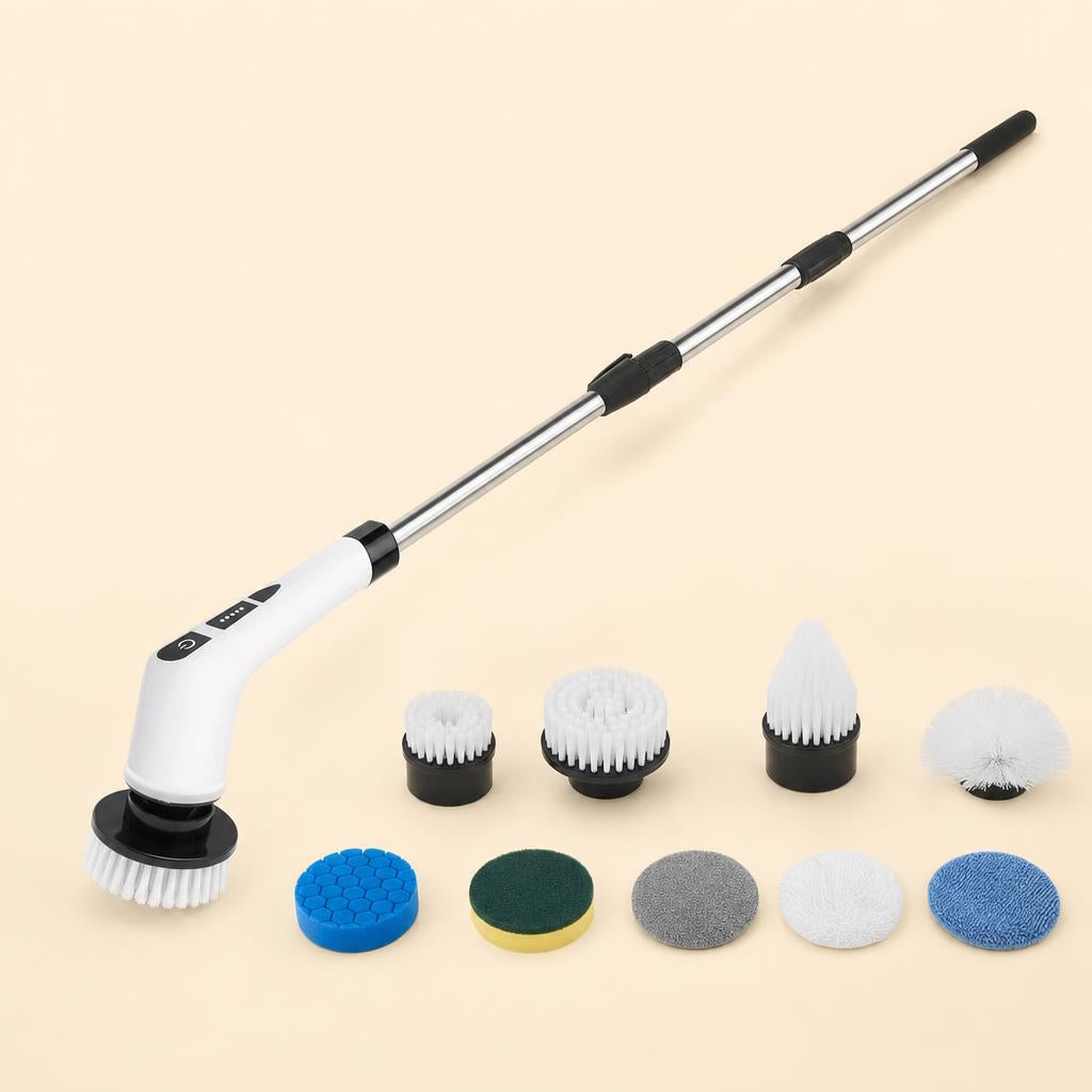 Electric spin scrubber with extendable handle and 9 replaceable heads