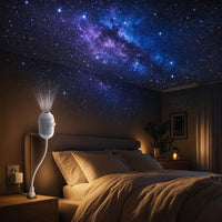 Starry sky projector filling a bedroom ceiling with a galaxy